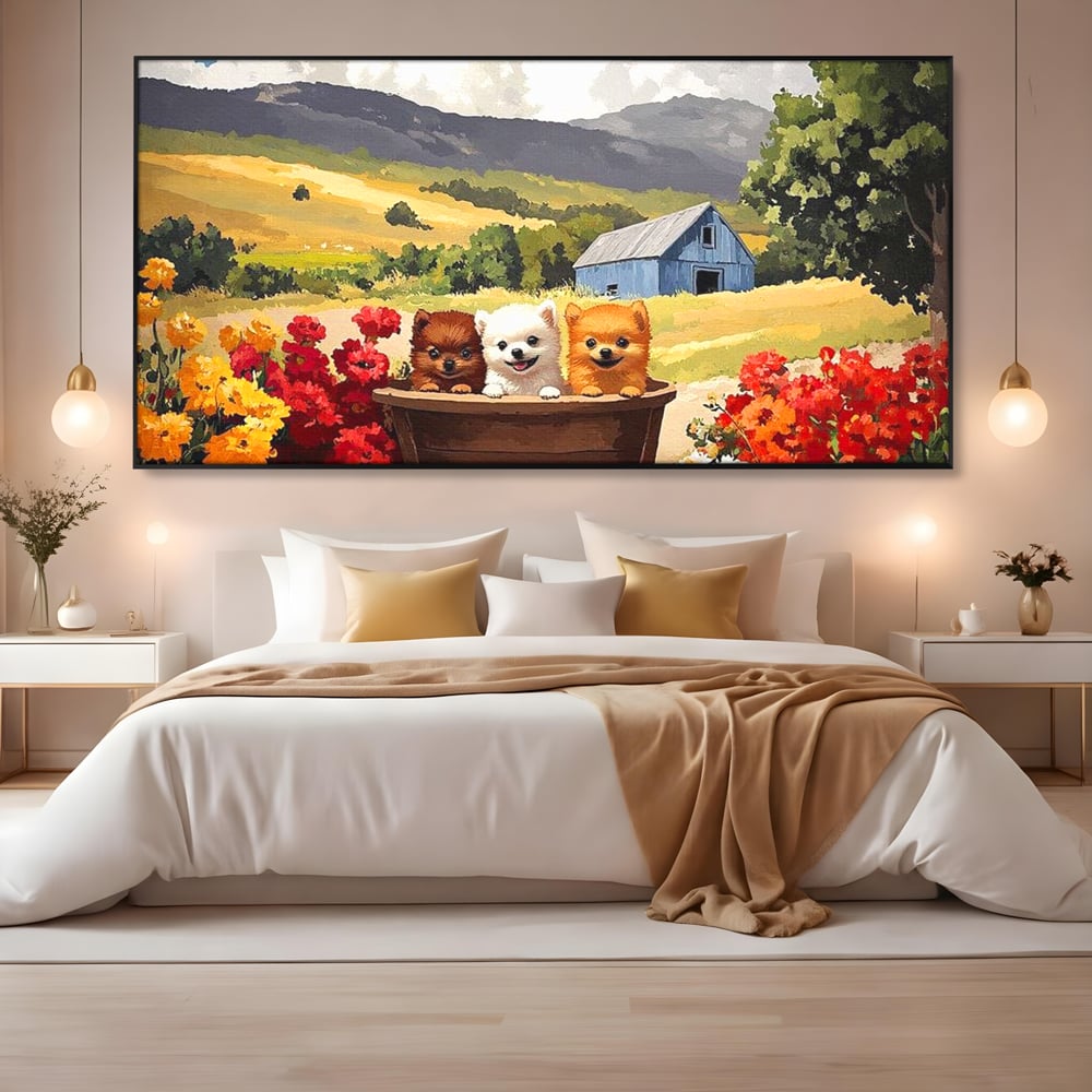 Tablou canvas cu pictura cu trei catelusi in butoi, in rama de aluminiu negru, pe perete intr-un dormitor